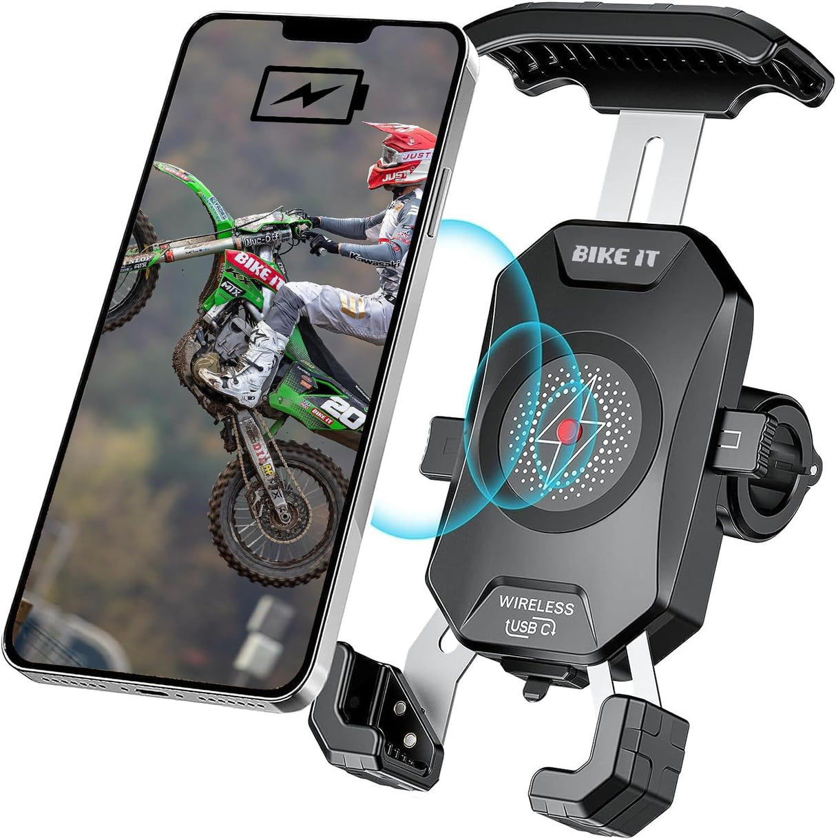 Bike It Motorcycle Phone Holder Fast Wireless Charger USB-C Mount for 4"-7" Phones