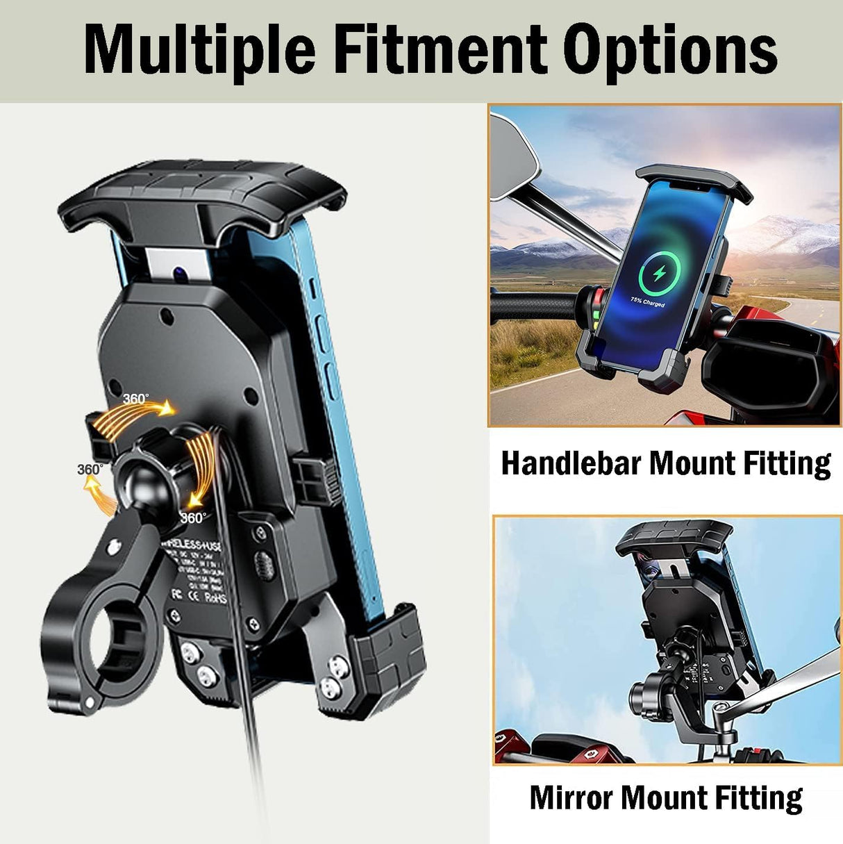 Bike It Motorcycle Phone Holder Fast Wireless Charger USB-C Mount for 4"-7" Phones