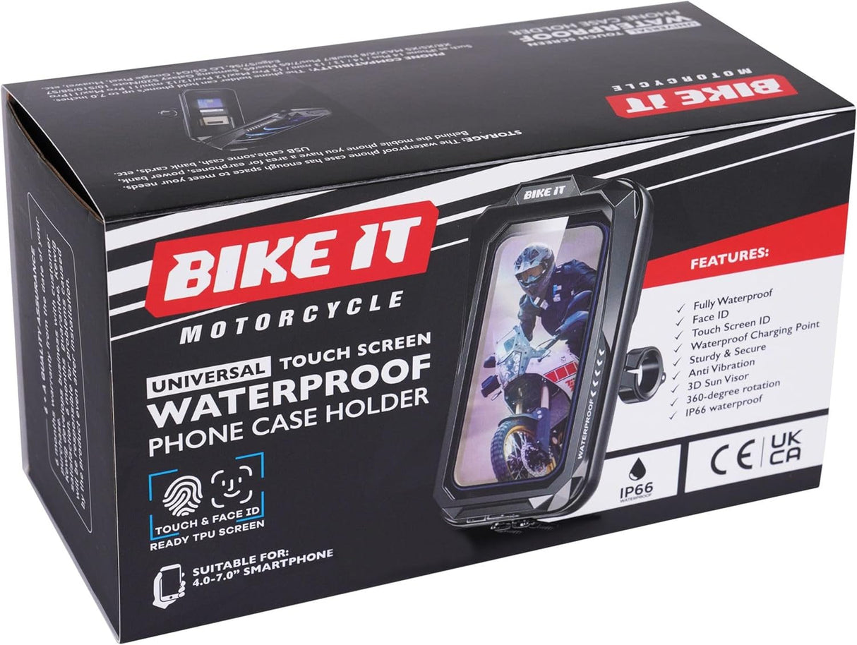 BIKE IT Motorcycle Waterproof Phone Case IP66 With Handlebar & Mirror Mounts for 4-7" Phones