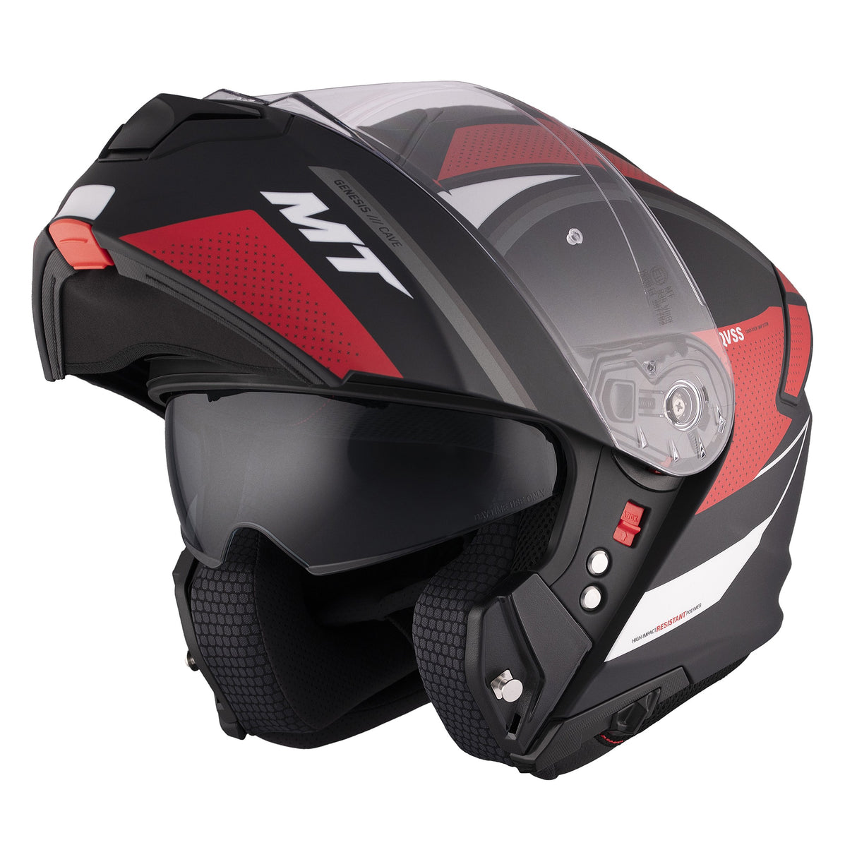 MT Genesis SV Cave A5 Matt Black Red Flip Front Motorcycle Helmet