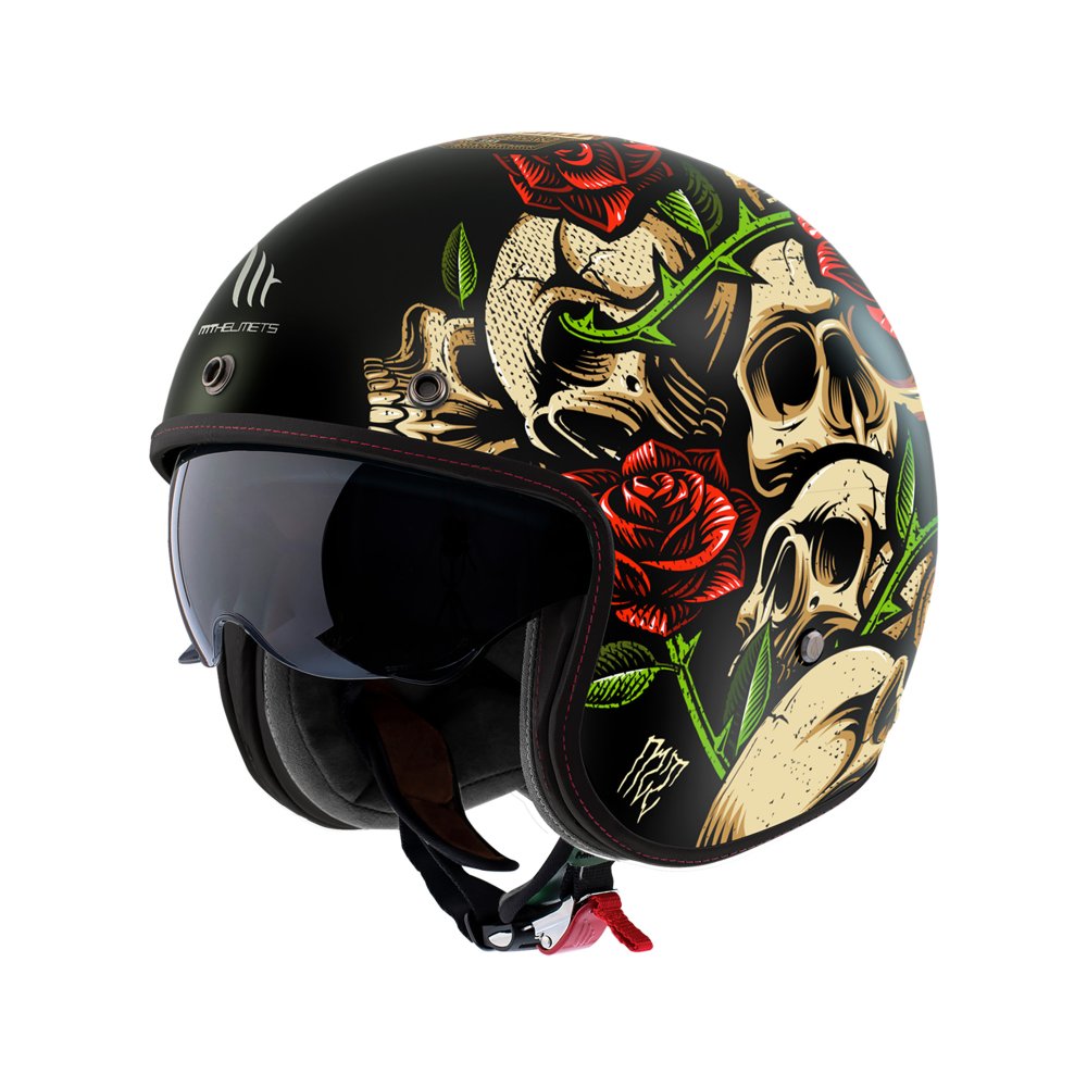 MT Le Mans 2 SV S Breakout B9 Matt Black Red Open Face Motorcycle Helmet Skull Roses
