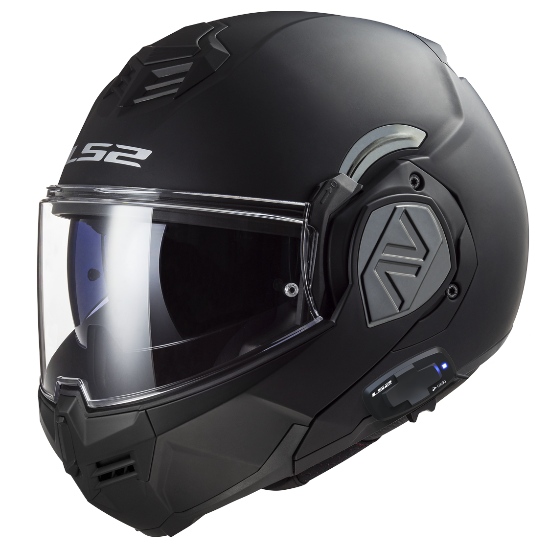 LS2 FF906 Advant Solid Matt Black 180° Flip Modular Motorcycle Helmet with LS2 CARDO Intercom 4X Preinstalled