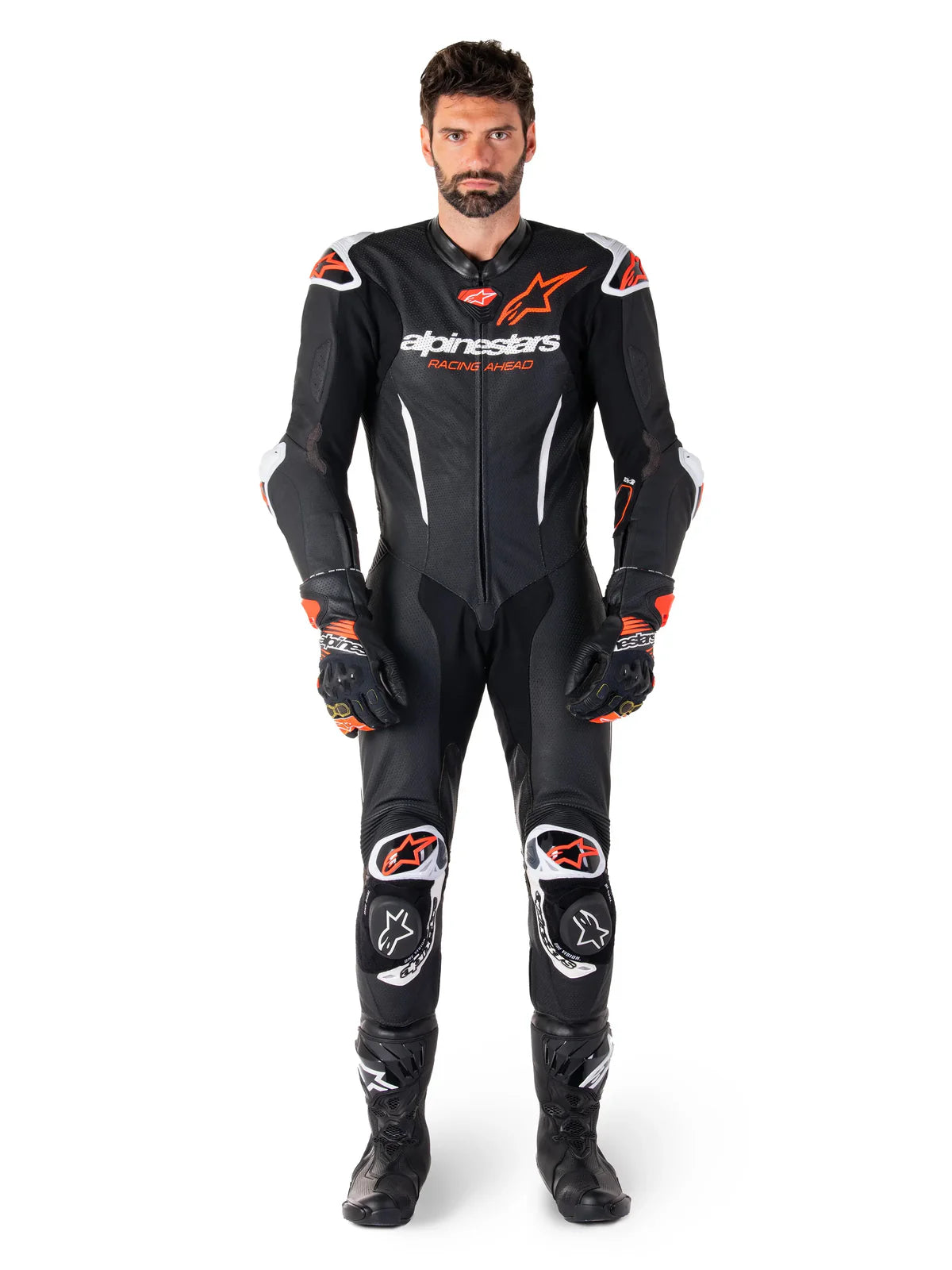 Alpinestars GP-R7 One Piece Leather Suit Black White Fluo Red