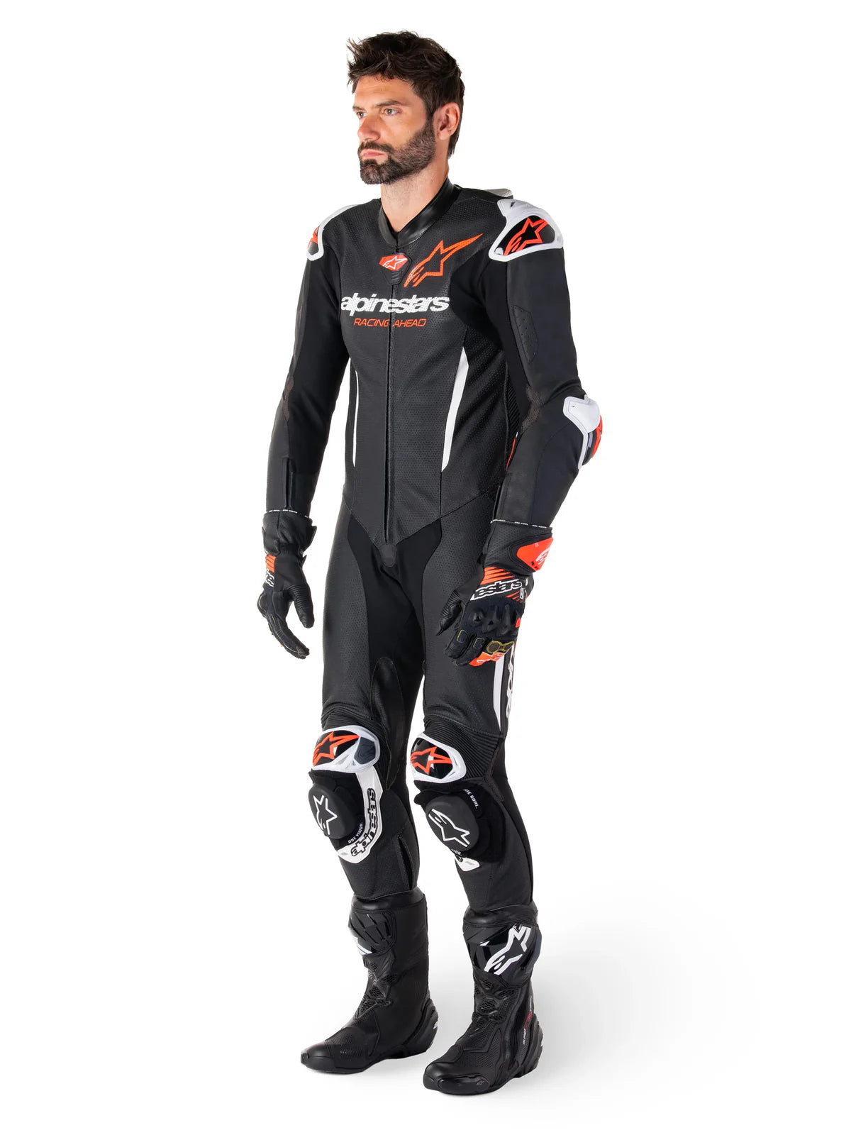 Alpinestars GP-R7 One Piece Leather Suit Black White Fluo Red