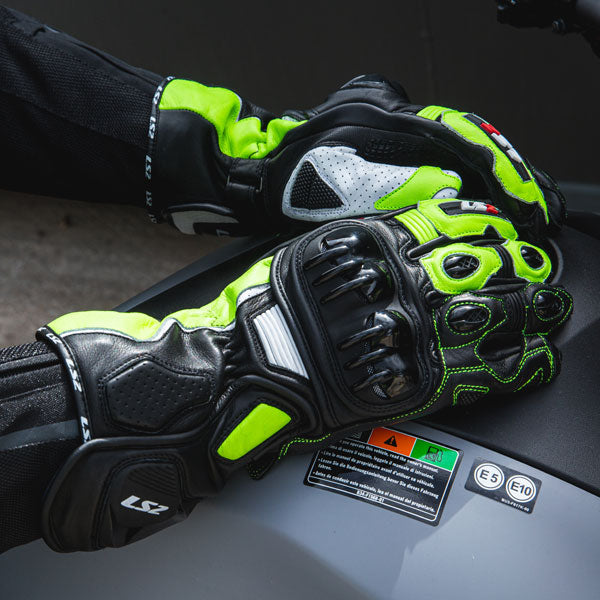 LS2 Swift Racing Leather Motorcycle Gloves - Black / Neon Yellow