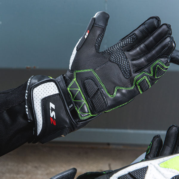 LS2 Swift Racing Leather Motorcycle Gloves - Black / Neon Yellow