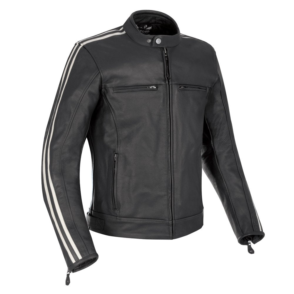 Oxford Bladon Leather Motorcycle Jacket Black Vintage Retro Stripe
