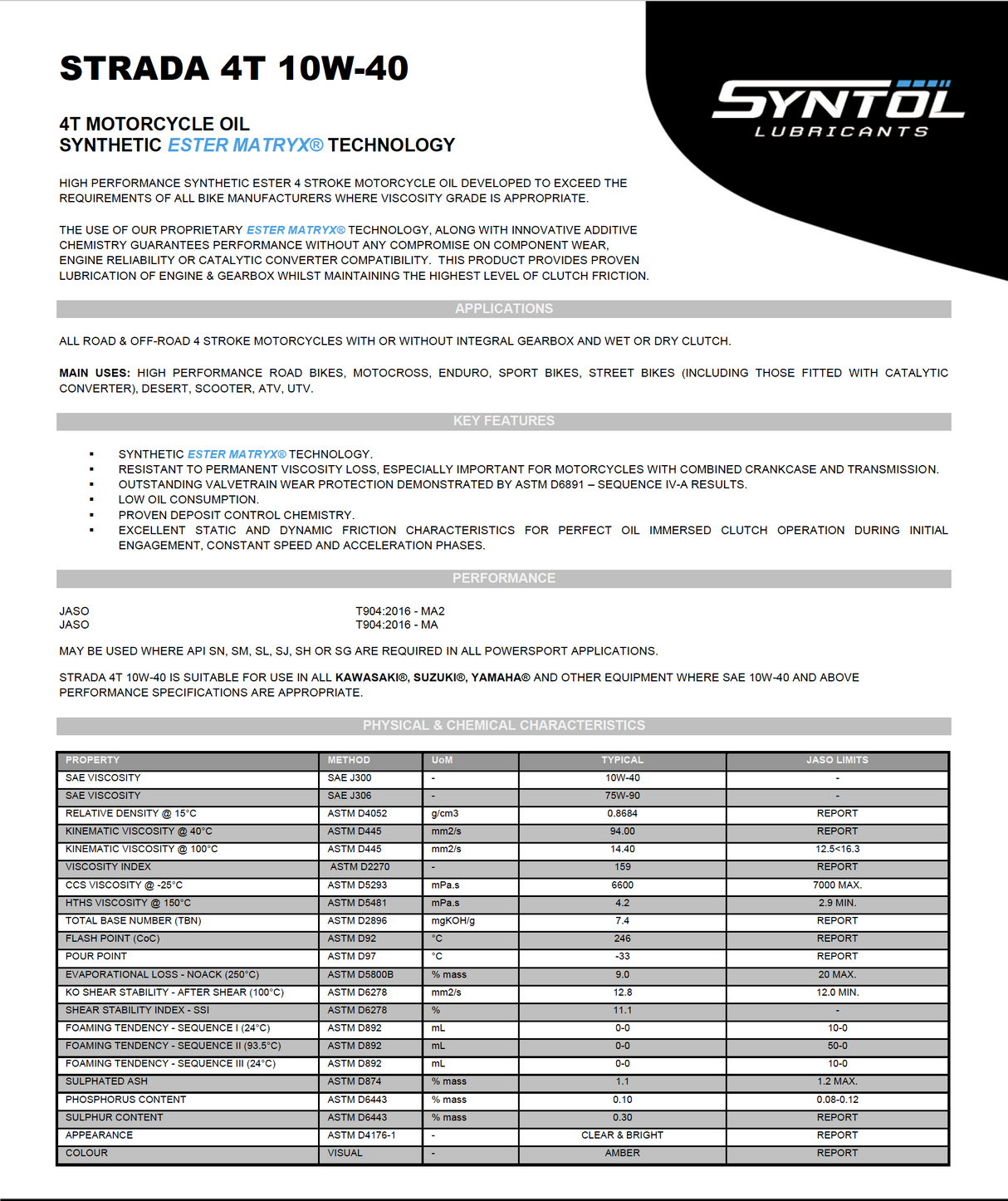 Syntol Strada 4T 10W-40 Synthetic Motorcycle Oil 4 Litre