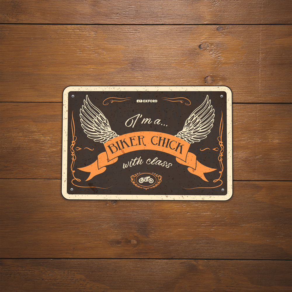 Oxford OX367 Garage Workshop Metal Sign: BIKER CHICK WITH CLASS