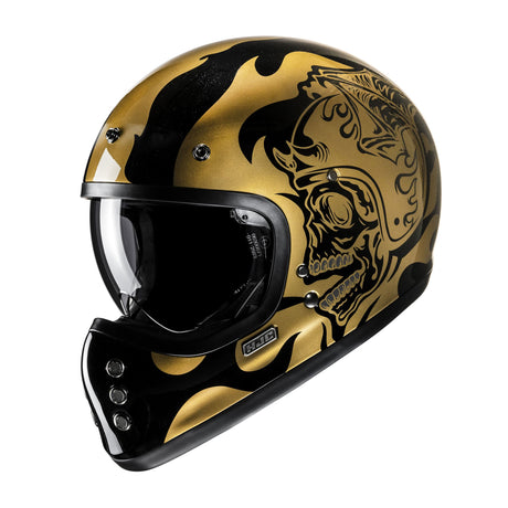 HJC V60 Flame MC9 Gold Motorcycle Helmet Gloss Black Skull
