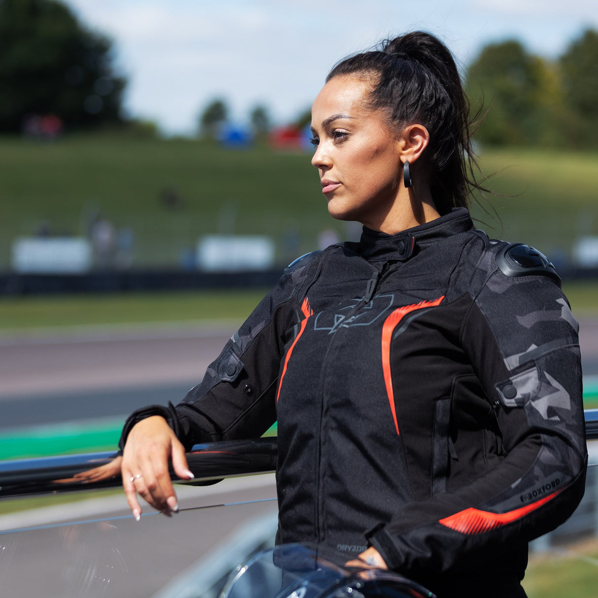 Oxford Omega 1.0 D2D Ladies Motorcycle Jacket Black Camo Red