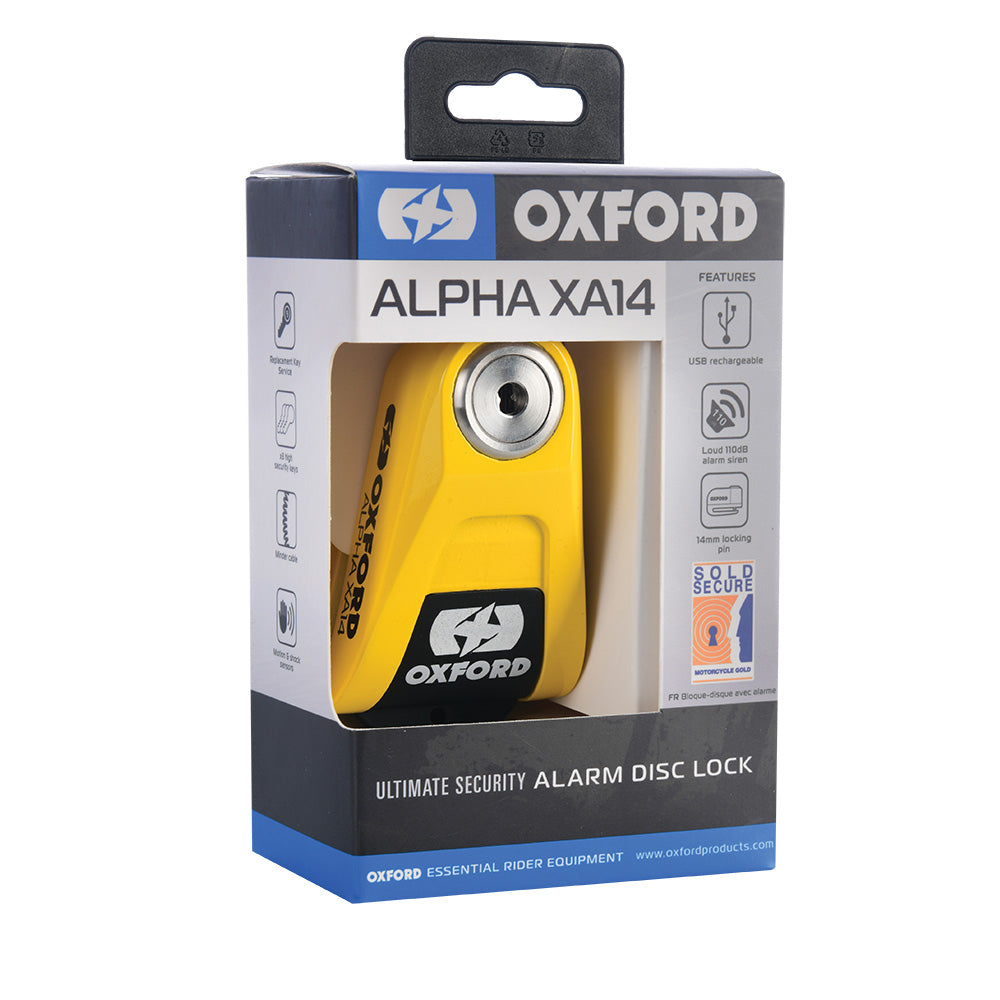 Oxford Alpha XA14 Motorcycle Alarm Disc Lock Black Yellow